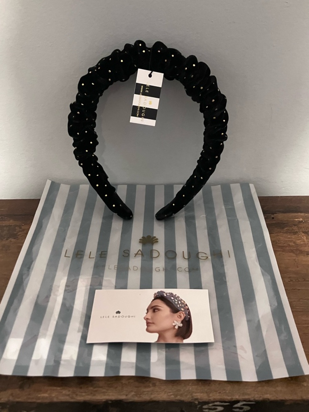 Lele Sadoughi Jet Black Velvet Kelly Headband with Gold Studs